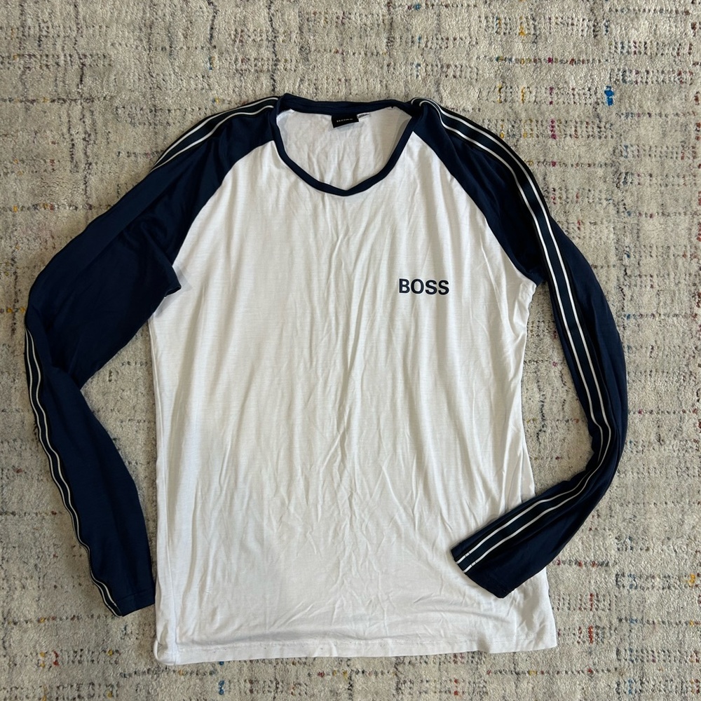 HUGO BOSS Men's White and Navy Long Sleeve Shirt Size Small